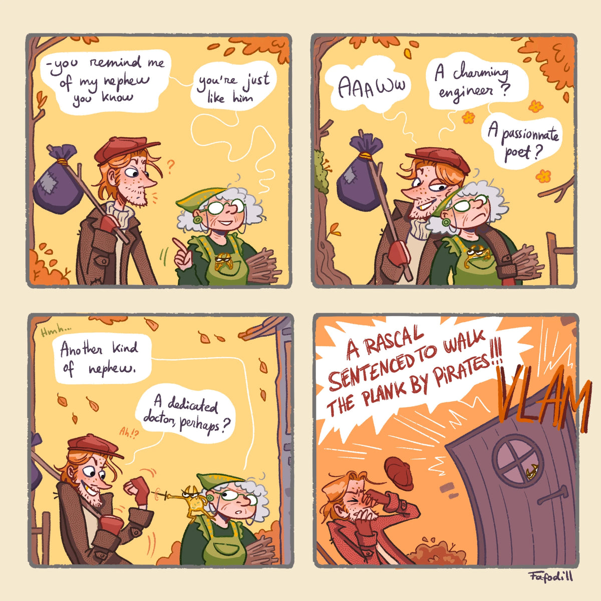 November comic strip by Fafodill: an old woman with a small yellow soup creature on her shoulder sends a traveller away with a slammed door Image