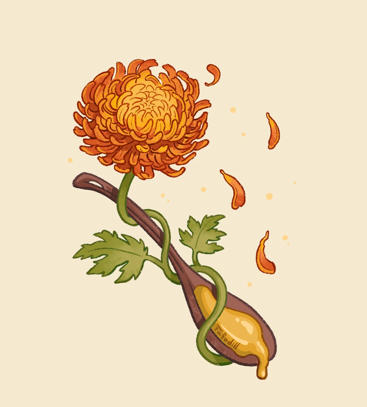 November flower of the month sticker: an orange chrysanthemum wrapped around a wooden spoon dripping with honey, by Fafodill Image