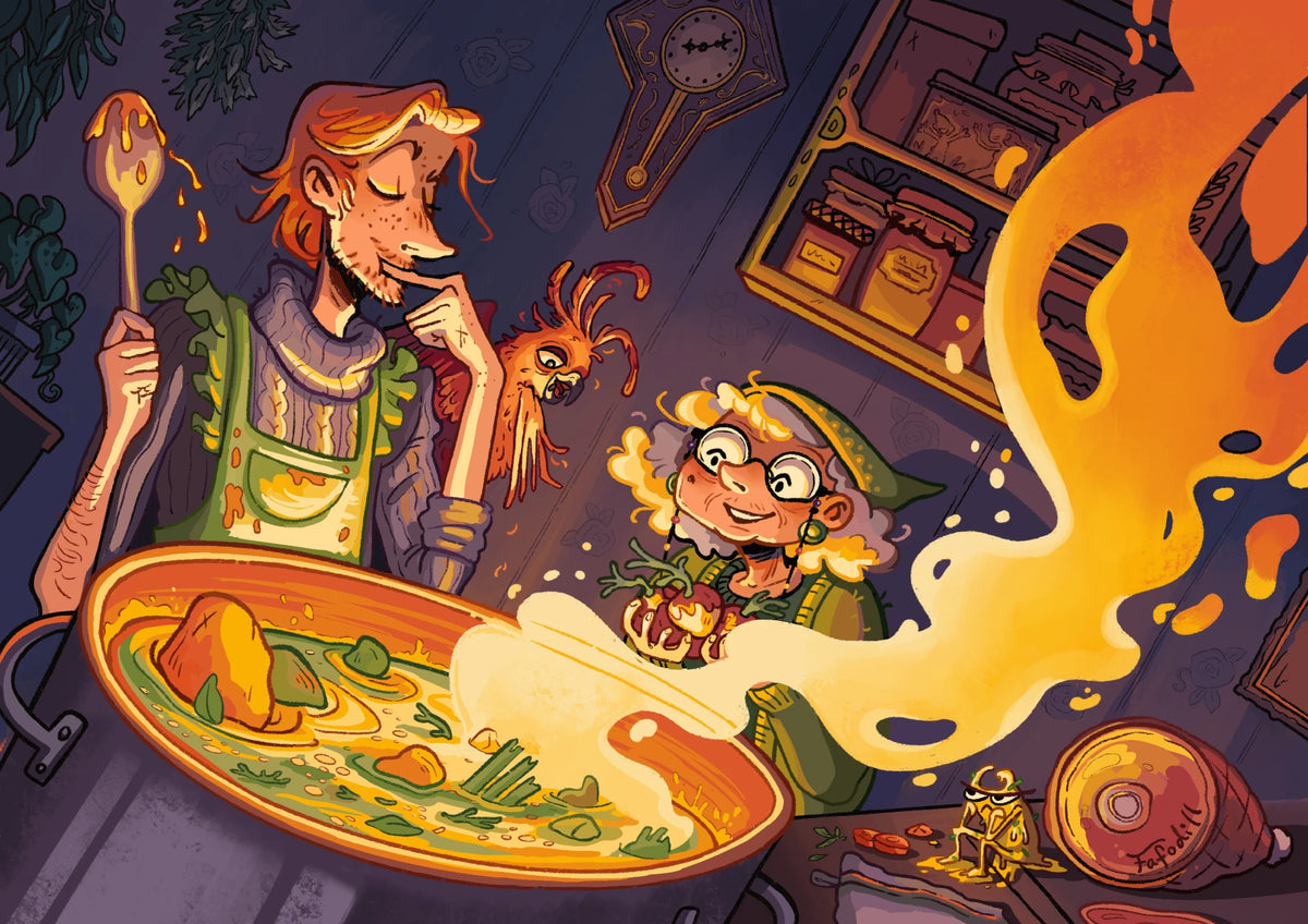 November print by Fafodill: Phoenix Soup, a man and an old woman stir a glowing cauldron of soup while a phoenix watches Image