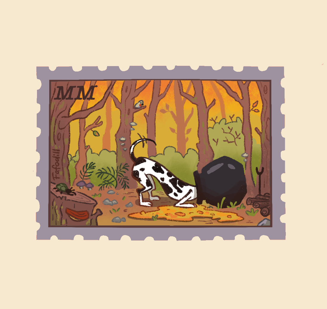 November stamp of the month sticker: a spotted dog with its head in a black cauldron in an autumn forest, by Fafodill Image
