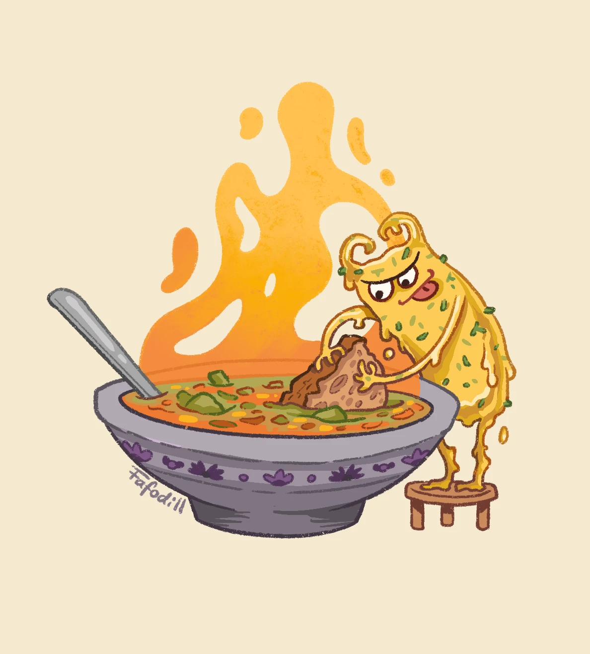 November story sticker: a melted-cheese creature on a stool dipping bread into a bowl of soup, by Fafodill Image